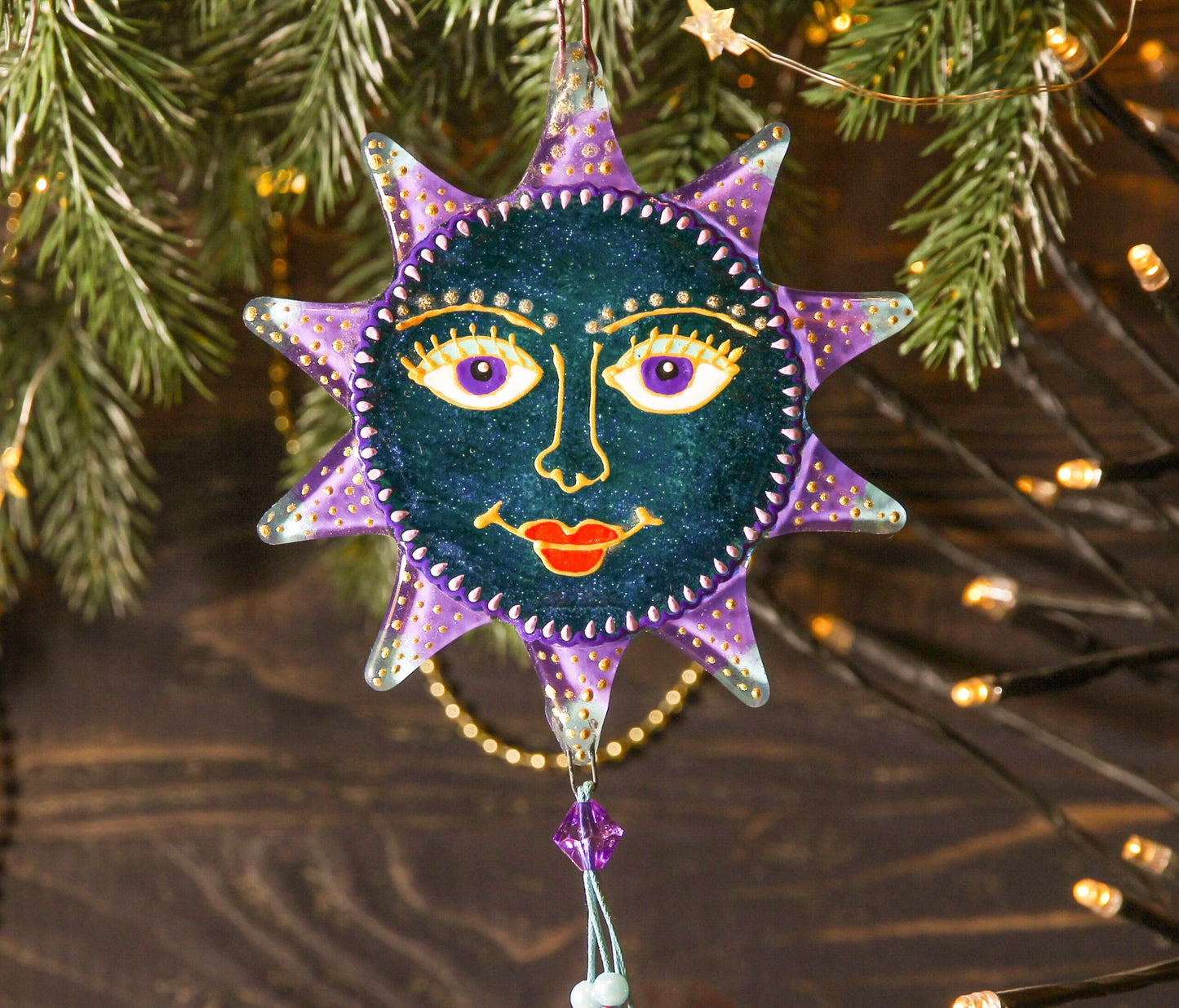 Hand-Painted Sun Symbol Talisman Glass Artwork - Blue Suncatcher, 14 cm Diameter, Symbol of Renewal and Warmth