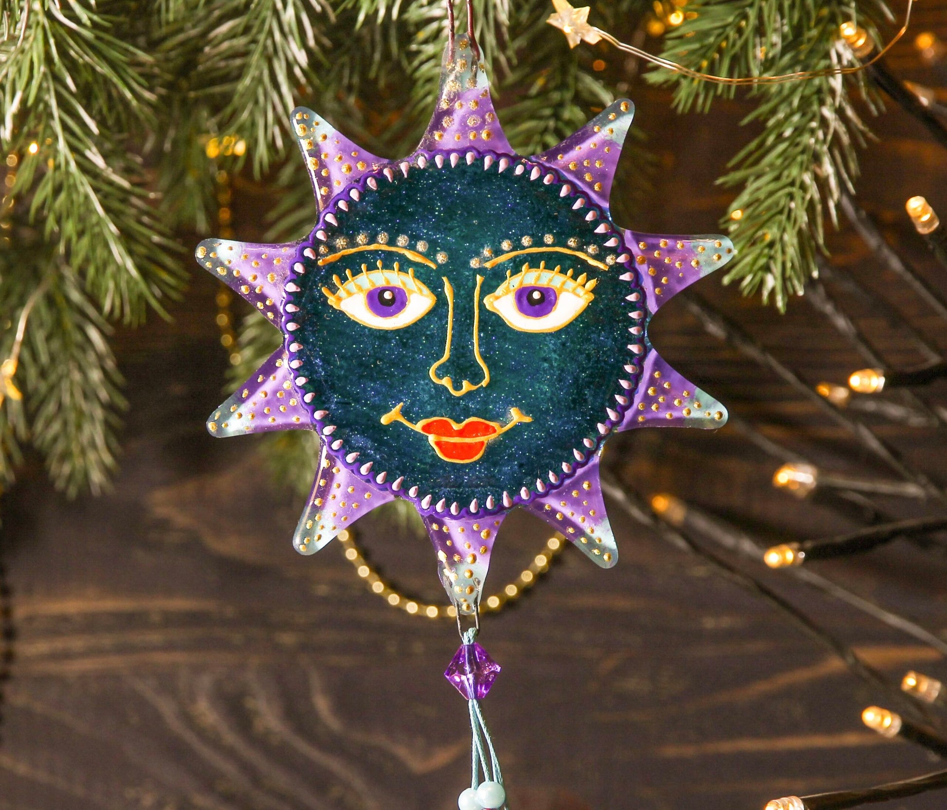 Hand-Painted Sun Symbol Talisman Glass Artwork - Blue Suncatcher, 14 cm Diameter, Symbol of Renewal and Warmth