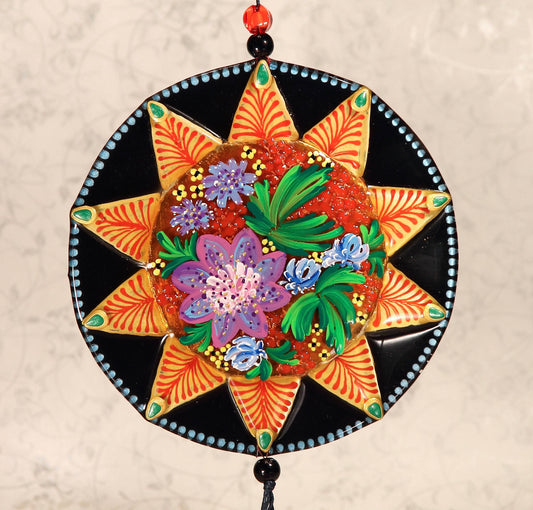Hand-painted gold sun symbol talisman glass artwork, perfect as a home decoration