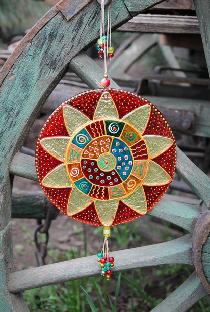 Big Mandala Glass Artwork - Hand-Painted Fused-Glass Decor with Vibrant Colors and Intricate Patterns, Red