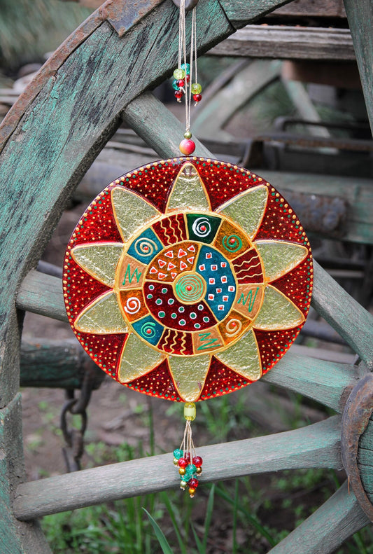 Big Mandala Glass Artwork - Hand-Painted Fused-Glass Decor with Vibrant Colors and Intricate Patterns, Red