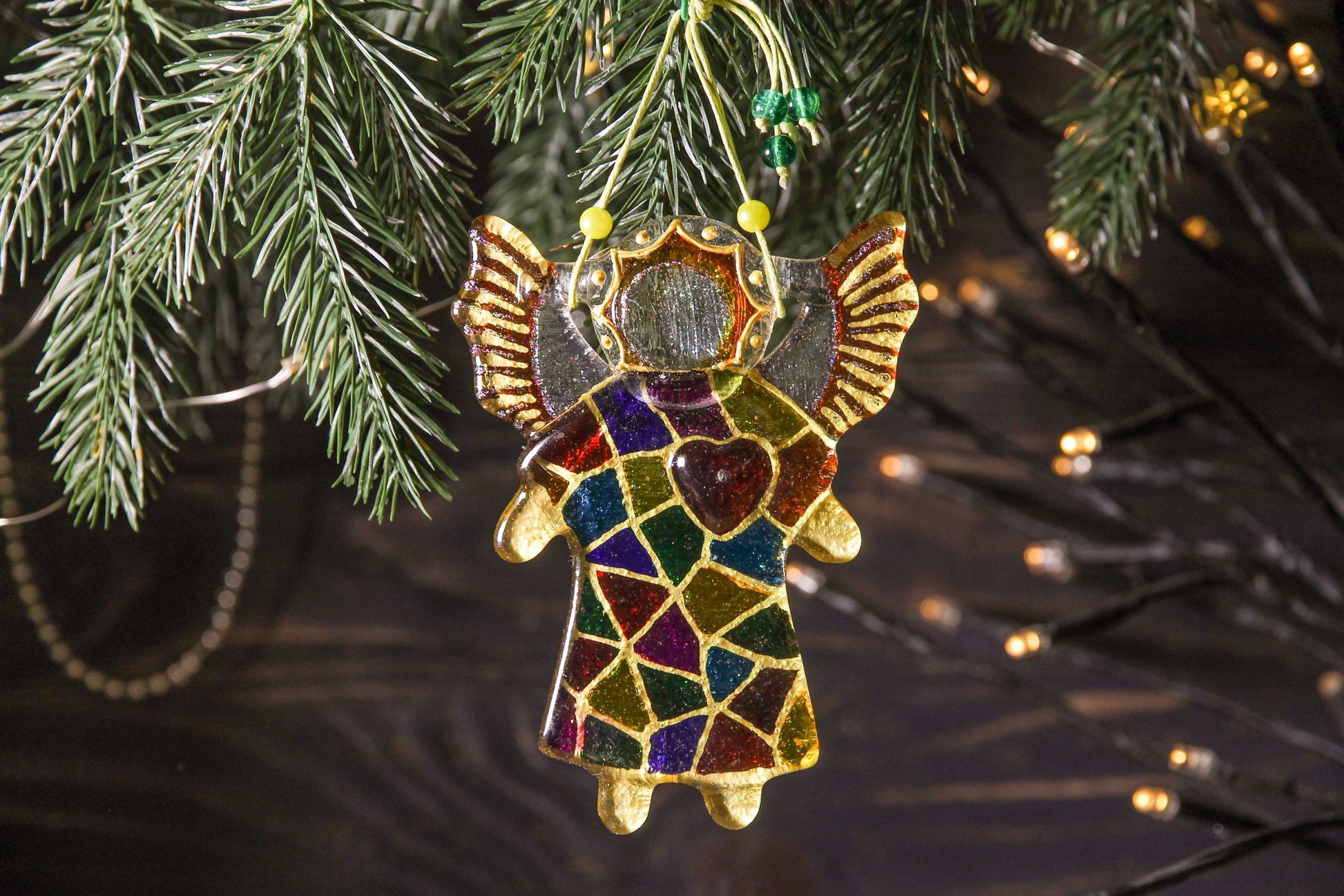 Guardian Angel of Love with Red Heart Glass Wall Art Suncatcher in Multicolored Mosaic - Handmade Fused-Glass Decor with Vibrant Colors and Intricate Patterns