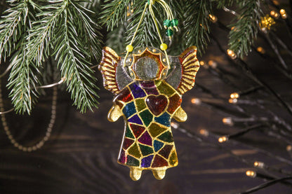 Guardian Angel of Love with Red Heart Glass Wall Art Suncatcher in Multicolored Mosaic - Handmade Fused-Glass Decor with Vibrant Colors and Intricate Patterns