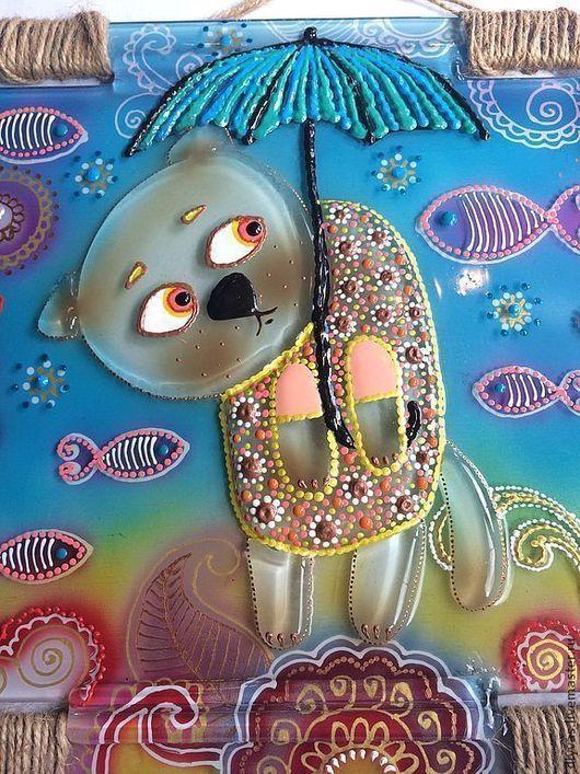 Cat Walk in the Rain Glass Panel Wall Art - Hand-Painted Fused-Glass Panel with Vibrant Colors and Whimsical Patterns, 26 cm