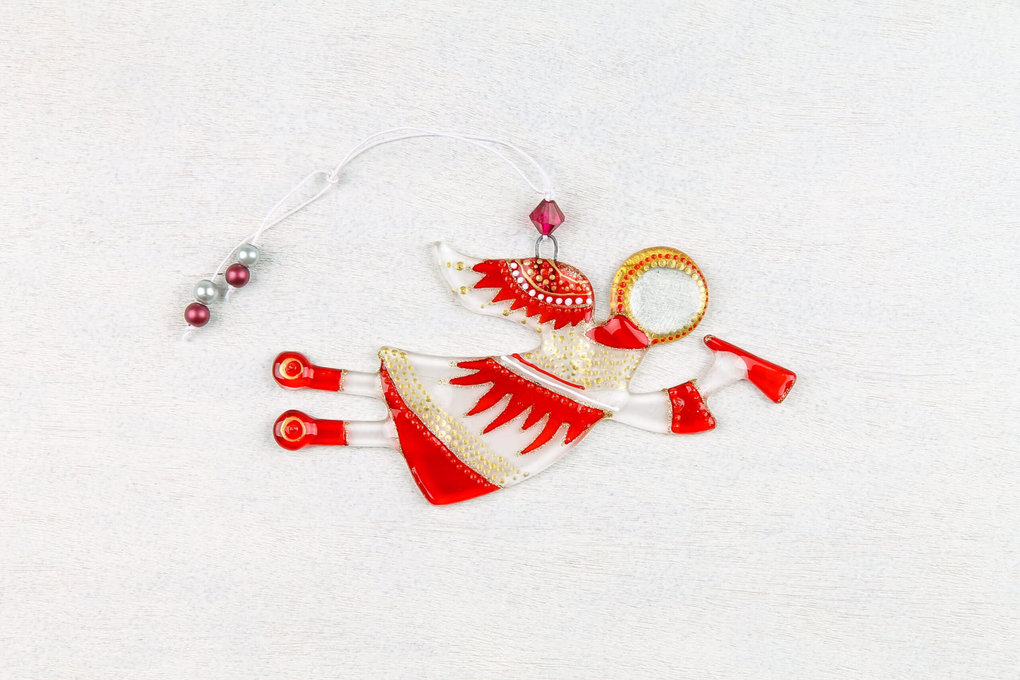 Flying Guardian Angel Glass Wall Art Suncatcher, Clear & Red - Handmade Fused-Glass Decor with Vibrant Colors and Intricate Patterns