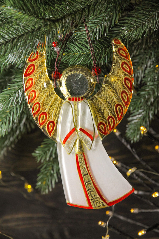 Guardian Angel Glass Wall Art in White & Gold - Handmade Fused-Glass Decor with Vibrant Colors and Intricate Patterns