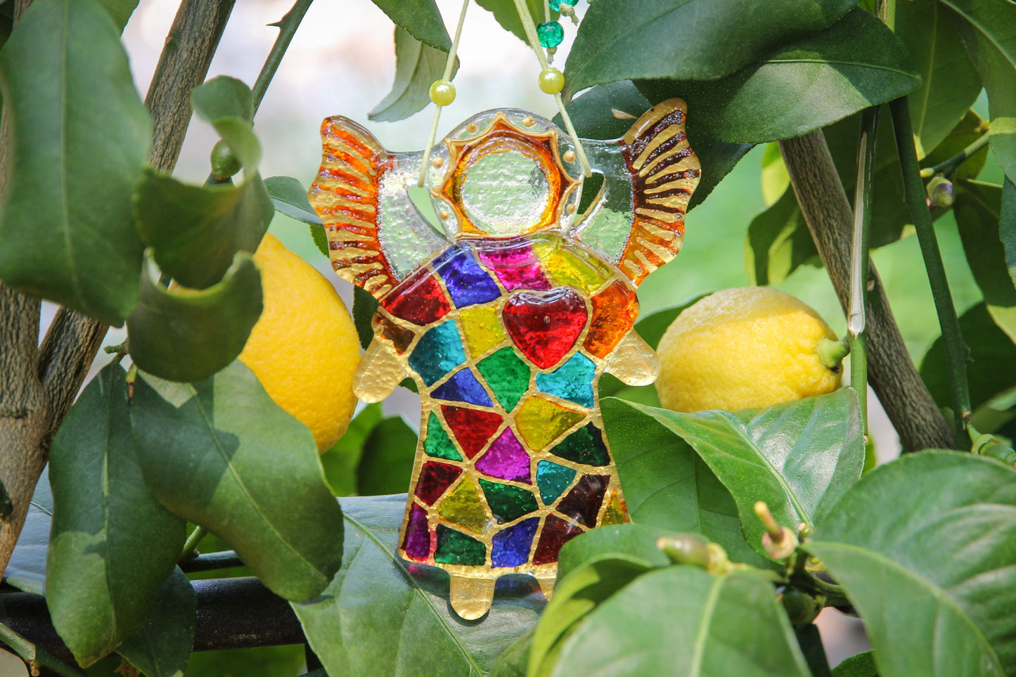 Guardian Angel of Love with Red Heart Glass Wall Art Suncatcher in Multicolored Mosaic - Handmade Fused-Glass Decor