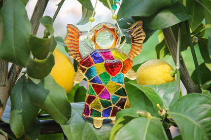 Guardian Angel of Love with Red Heart Glass Wall Art Suncatcher in Multicolored Mosaic - Handmade Fused-Glass Decor