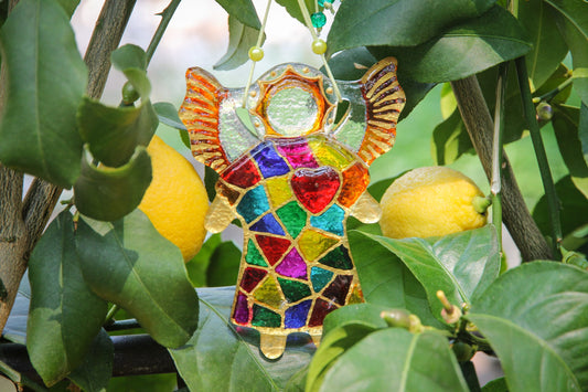 Guardian Angel of Love with Red Heart Glass Wall Art Suncatcher in Multicolored Mosaic - Handmade Fused-Glass Decor