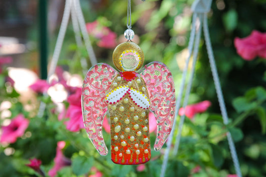 Guardian Angel Glass Wall Art Suncatcher, Gold & Pink - Handmade Fused-Glass Decor with Vibrant Colors and Intricate Patterns