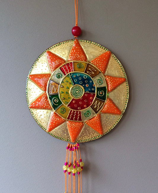 Big Mandala Glass Artwork - Hand-Painted Fused-Glass Decor with Vibrant Colors and Intricate Patterns, Orange