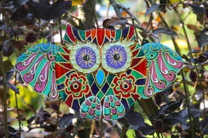Big Owl Talisman Glass Artwork with Mosaic Patterns - Green, 23 cm
