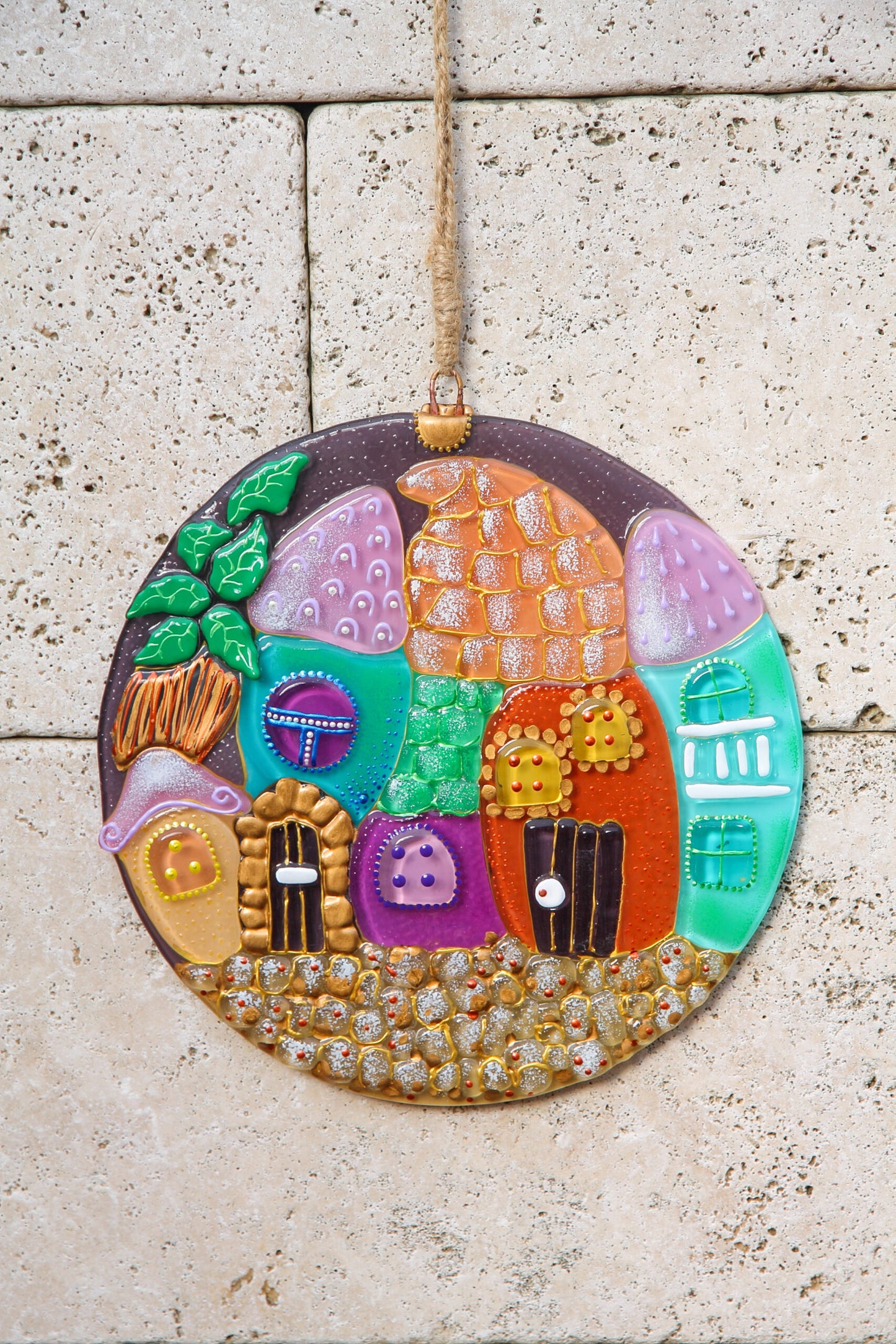 Fairytale City Glass Round Artwork Hand-Painted, 25 cm
