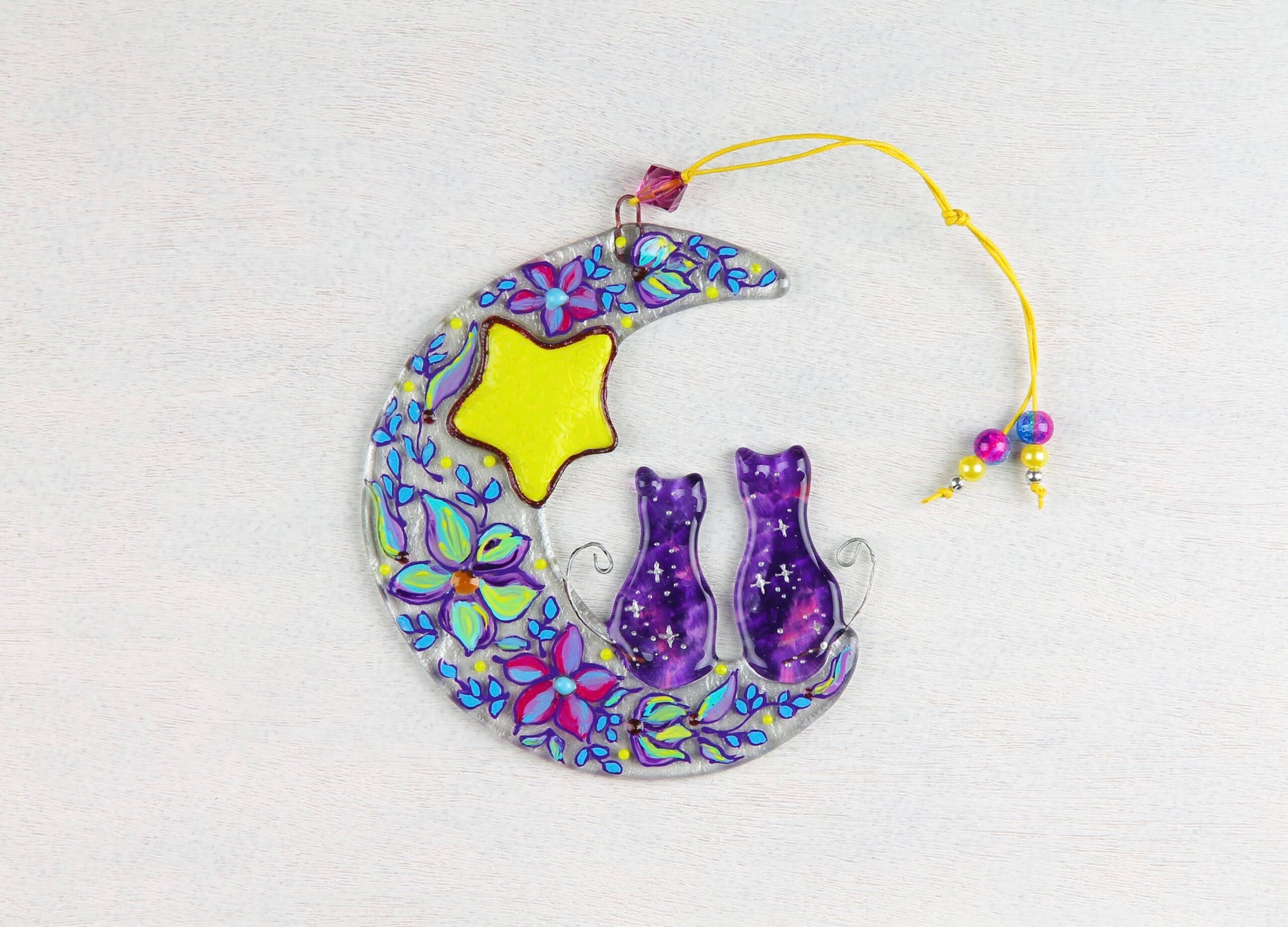 Handmade Cats on the Moon Glass Decoration - Two Cats Seated on Moon under Yellow Star, Purple, 15 cm