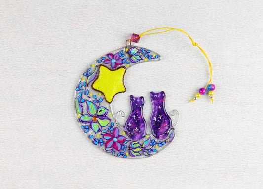Handmade Cats on the Moon Glass Decoration - Two Cats Seated on Moon under Yellow Star, Purple, 15 cm