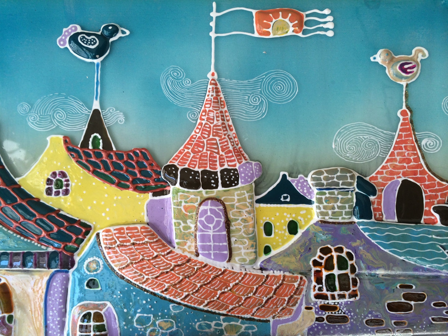 Walk in the Clouds City Roofs Glass Panel Wall Art - Hand-Painted Fused-Glass Panel with Whimsical Weather Vanes, 49 cm