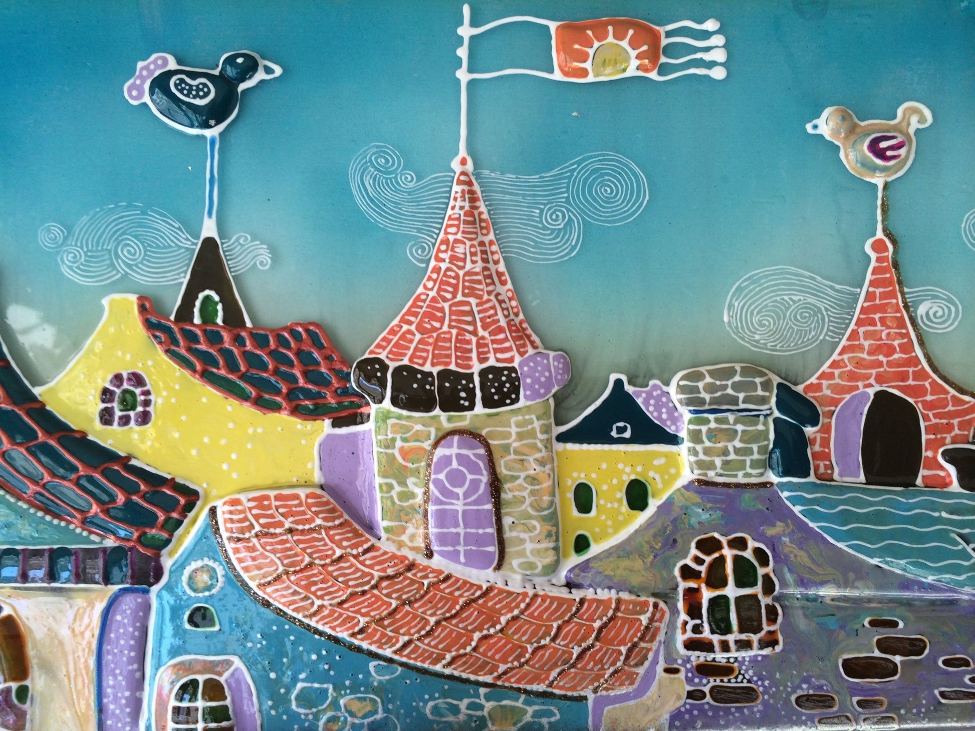 Walk in the Clouds City Roofs Glass Panel Wall Art - Hand-Painted Fused-Glass Panel with Whimsical Weather Vanes, 49 cm