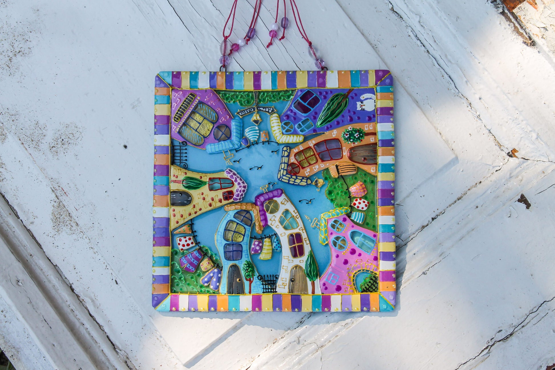 Courtyard Glass Panel Wall Art - Hand-Painted Fused-Glass Panel with Intricate Details and Captivating Patterns, Blue, 23 cm