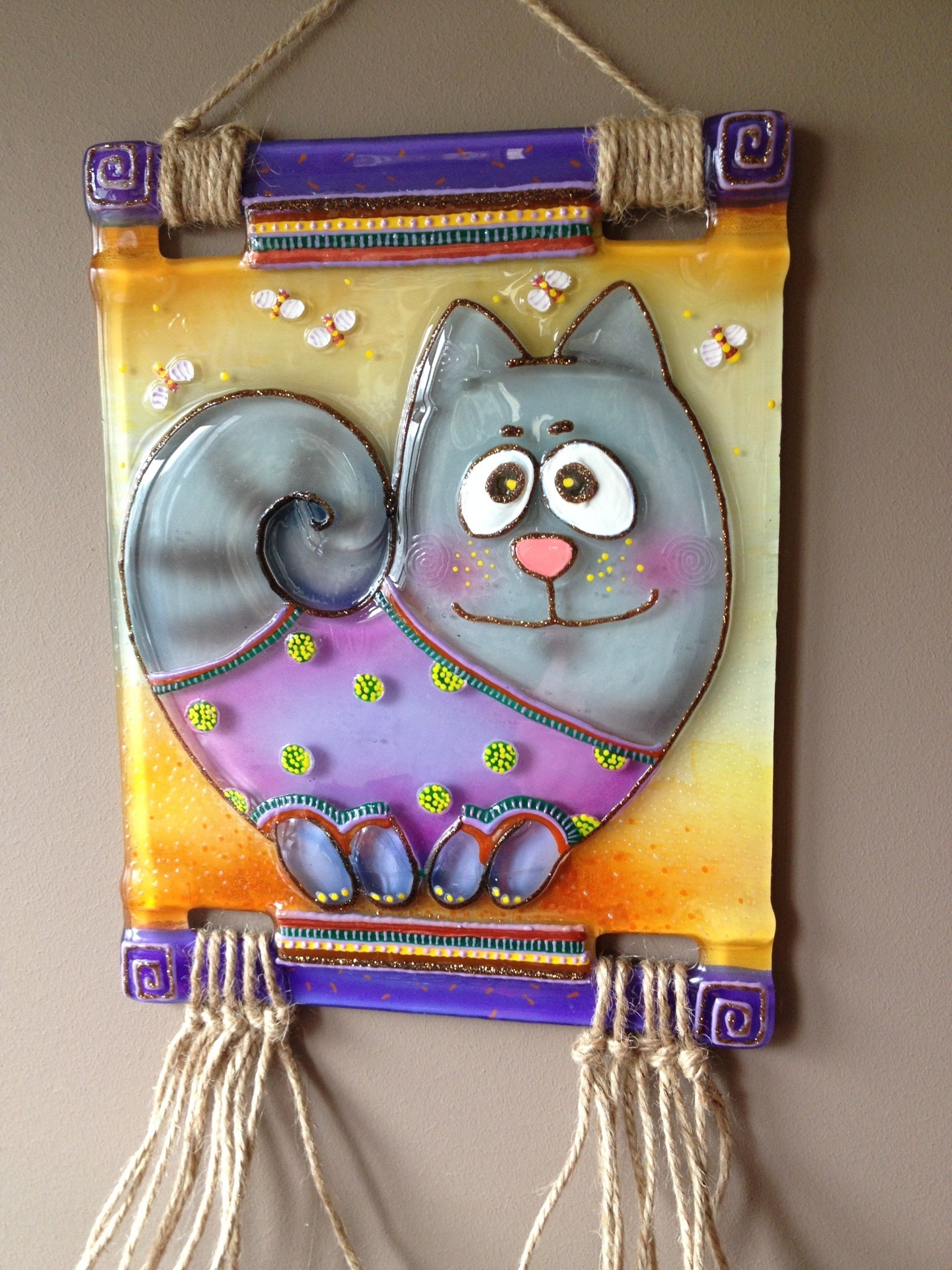 Cat Marzipan Glass Panel Wall Art - Hand-Painted Fused-Glass Panel with Intricate Details and Delightful Patterns, 22 cm