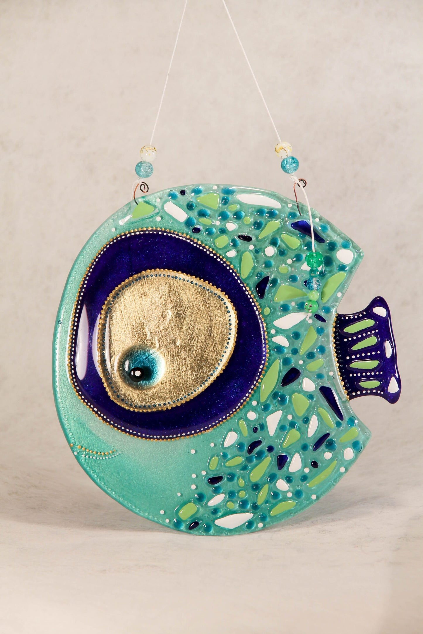 Big Fish in Love Symbol of Happiness Glass Artwork - Hand-Painted Fused-Glass Decor with Captivating Patterns and Lively Colors, Green