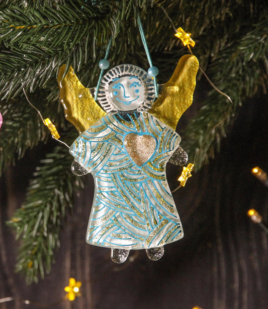 Guardian Angel of Love with Red Heart Glass Wall Art in White & Gold - Handmade Fused-Glass Decor