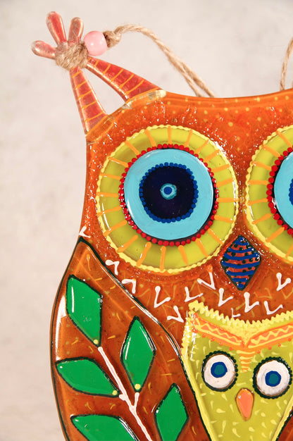 Mother Owl and Owlet Glass Artwork - Hand-Painted Fused-Glass Decor with Nurturing Love, Wisdom, and Nature-Inspired Serenity