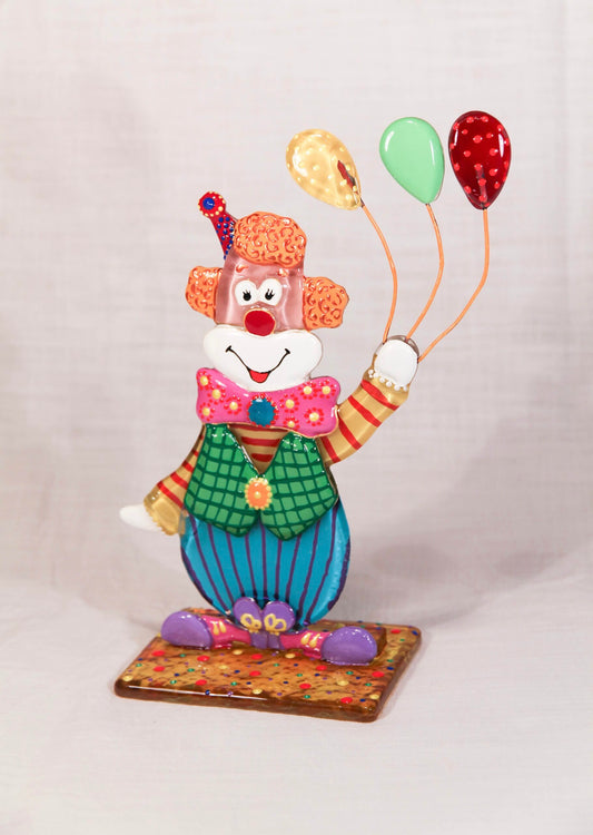 Cheerful Clown on the Stand Big Glass Artwork - Hand-Painted Fused-Glass Decor with Joyful Clown, 20 cm