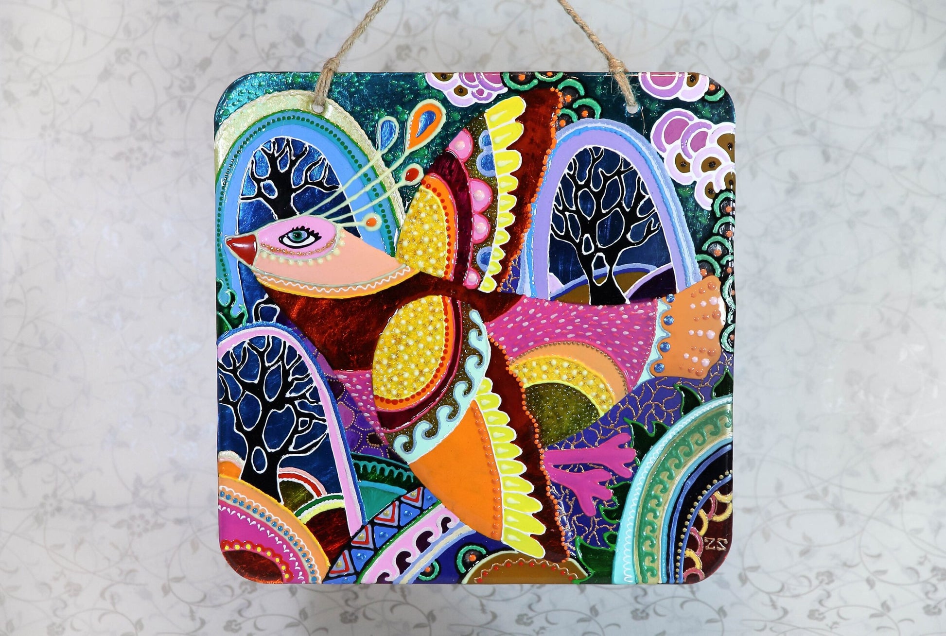 Bird Soul Glass Panel Wall Art - Hand-Painted Fused-Glass Panel with Delicate Details and Captivating Patterns, 26 cm