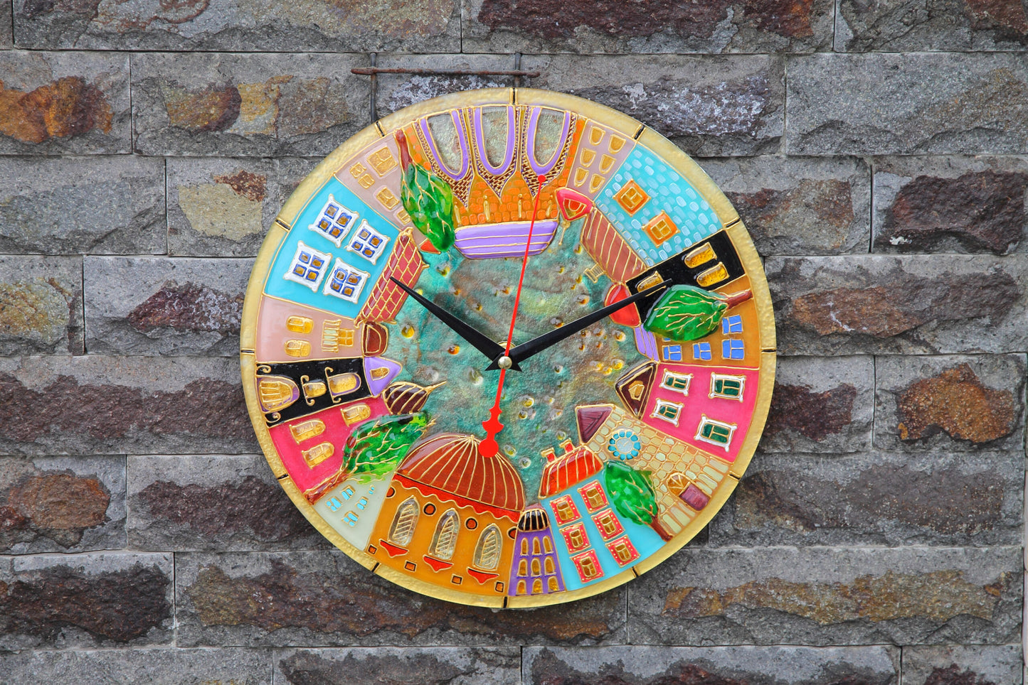 Clock City Glass Artwork - Hand-Painted Fused-Glass Clock with Urban Design, 30 cm