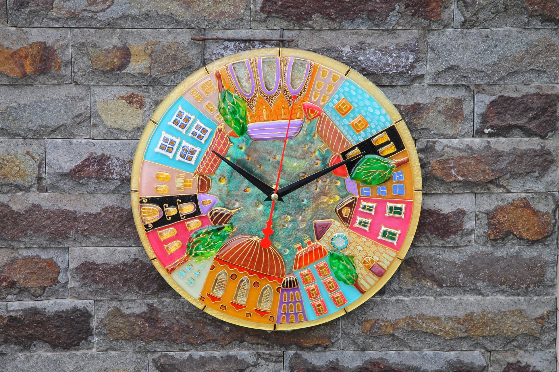 Clock City Glass Artwork - Hand-Painted Fused-Glass Clock with Urban Design, 30 cm