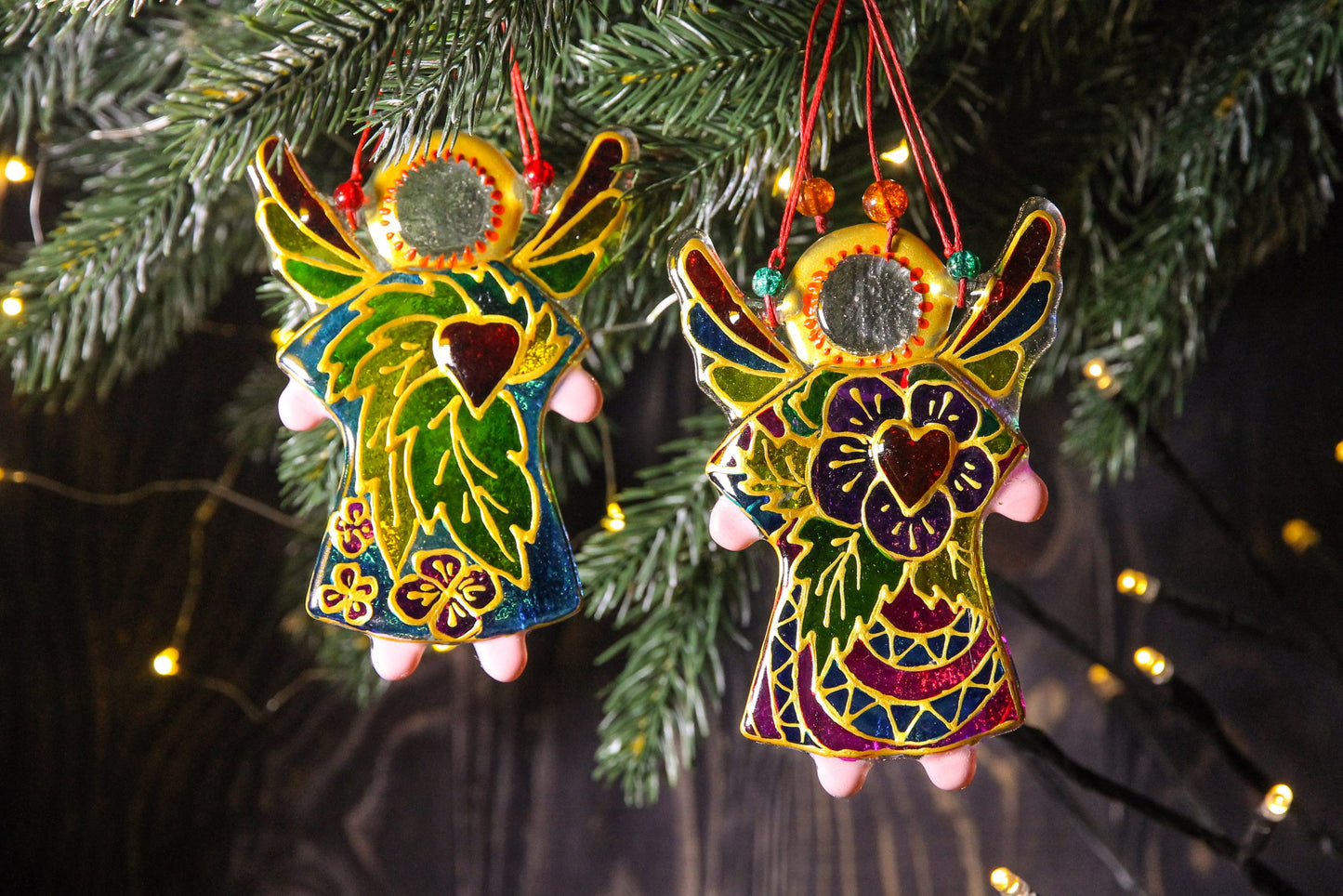 Guardian Angel of Love with Red Heart Glass Wall Art Suncatcher, Mosaic & Flower - Handmade Fused-Glass Decor with Vibrant Colors and Intricate Patterns