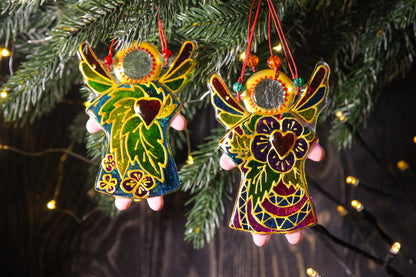 Guardian Angel of Love with Red Heart Glass Wall Art Suncatcher, Mosaic & Leaves - Handmade Fused-Glass Decor with Vibrant Colors and Intricate Patterns