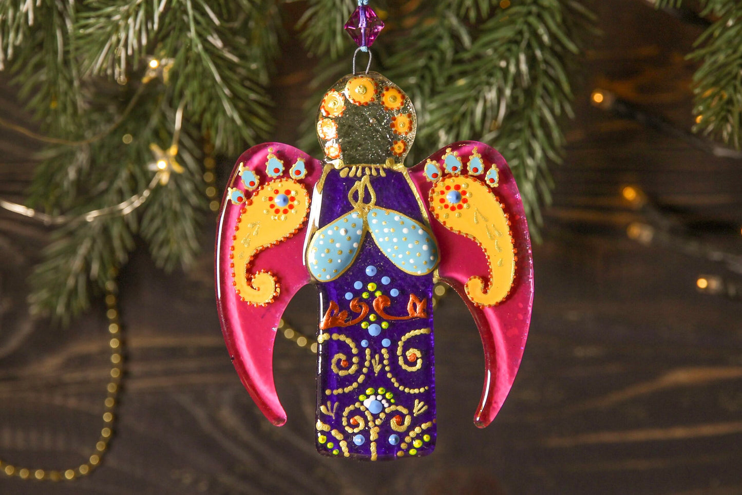 Guardian Angel Glass Wall Art in Purple & Pink - Handmade Fused-Glass Decor with Vibrant Colors and Intricate Patterns