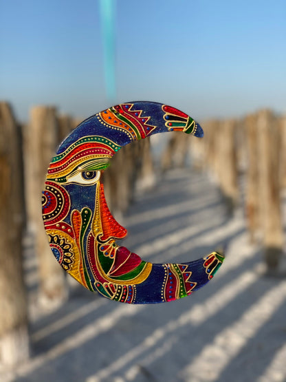 Patterned Moon Big Glass Artwork - Hand-Painted Fused-Glass Decor with Captivating Patterns, 20 cm