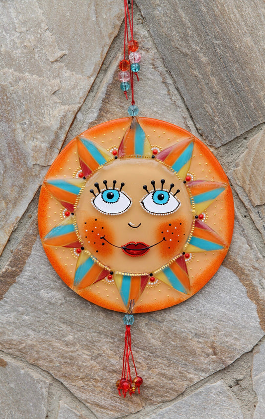 Big Sun Symbol Talisman Glass Artwork - Hand-Painted Fused-Glass Decor with Vibrant Colors and Intricate Patterns, Orange