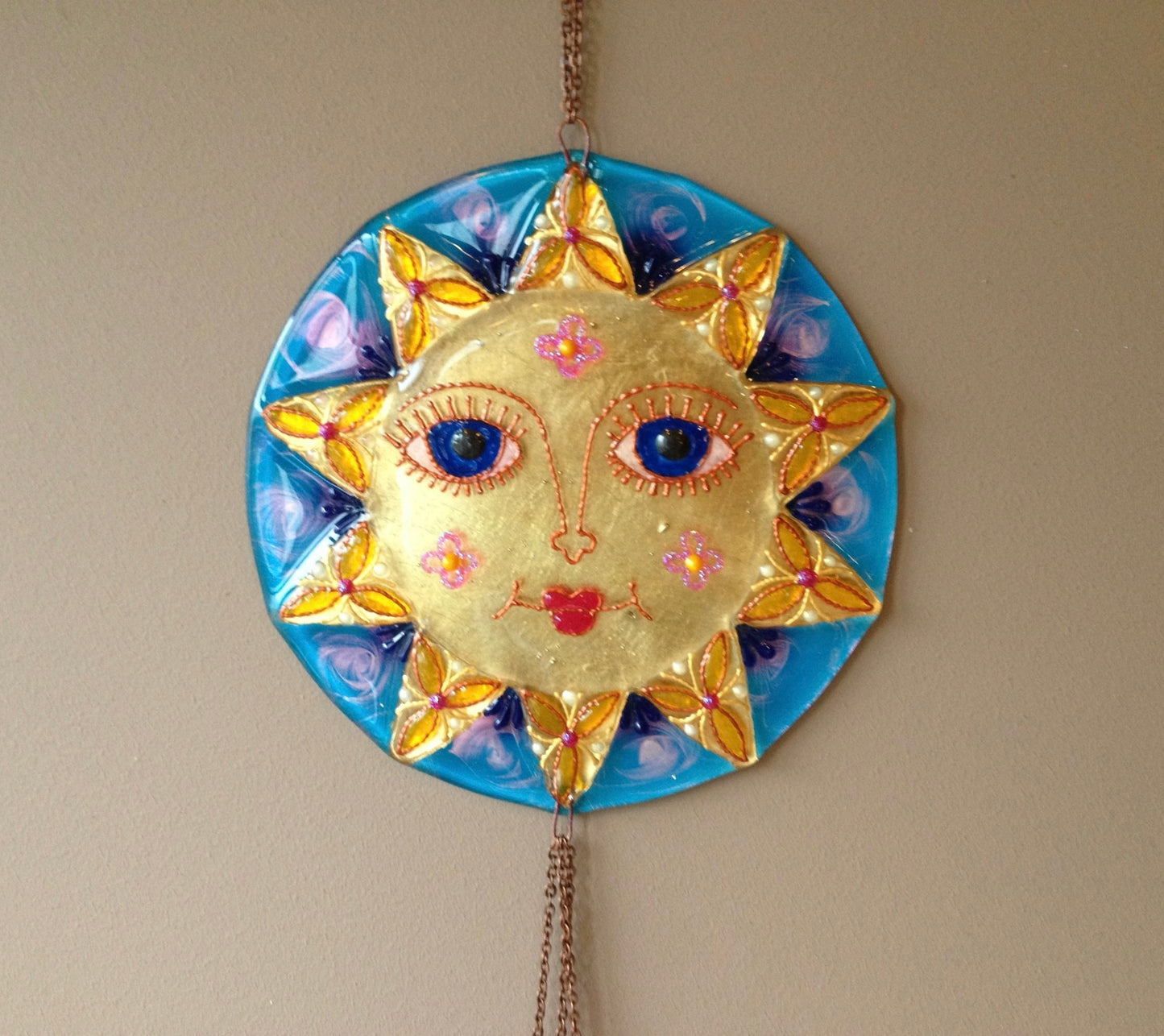 Big Sun Symbol Talisman Glass Artwork - Hand-Painted Fused-Glass Decor with Vibrant Colors and Intricate Patterns, Blue