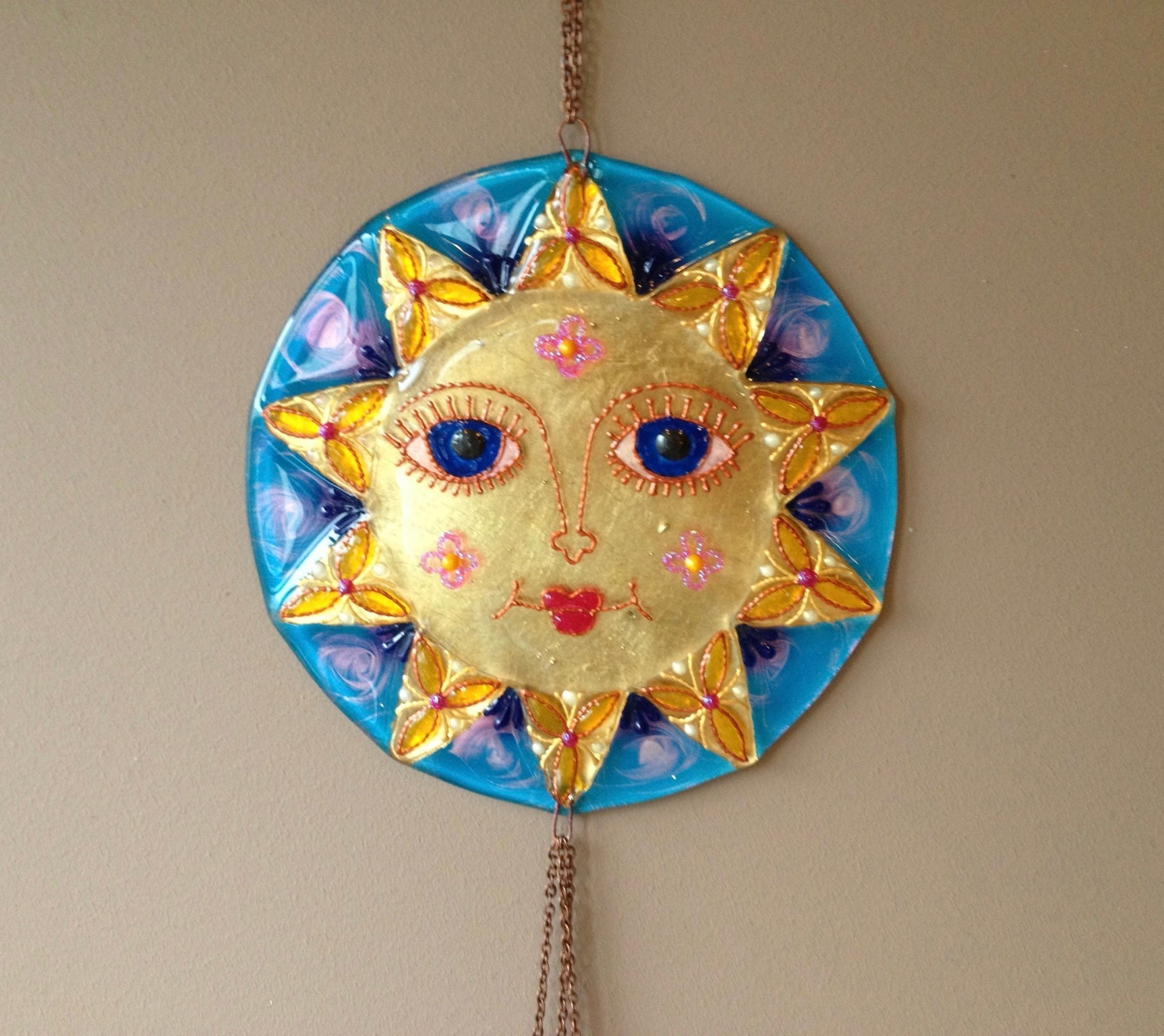 Big Sun Symbol Talisman Glass Artwork - Hand-Painted Fused-Glass Decor with Vibrant Colors and Intricate Patterns, Blue