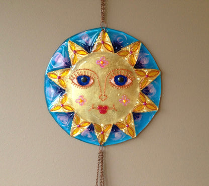 Big Sun Symbol Talisman Glass Artwork - Hand-Painted Fused-Glass Decor with Vibrant Colors and Intricate Patterns, Blue