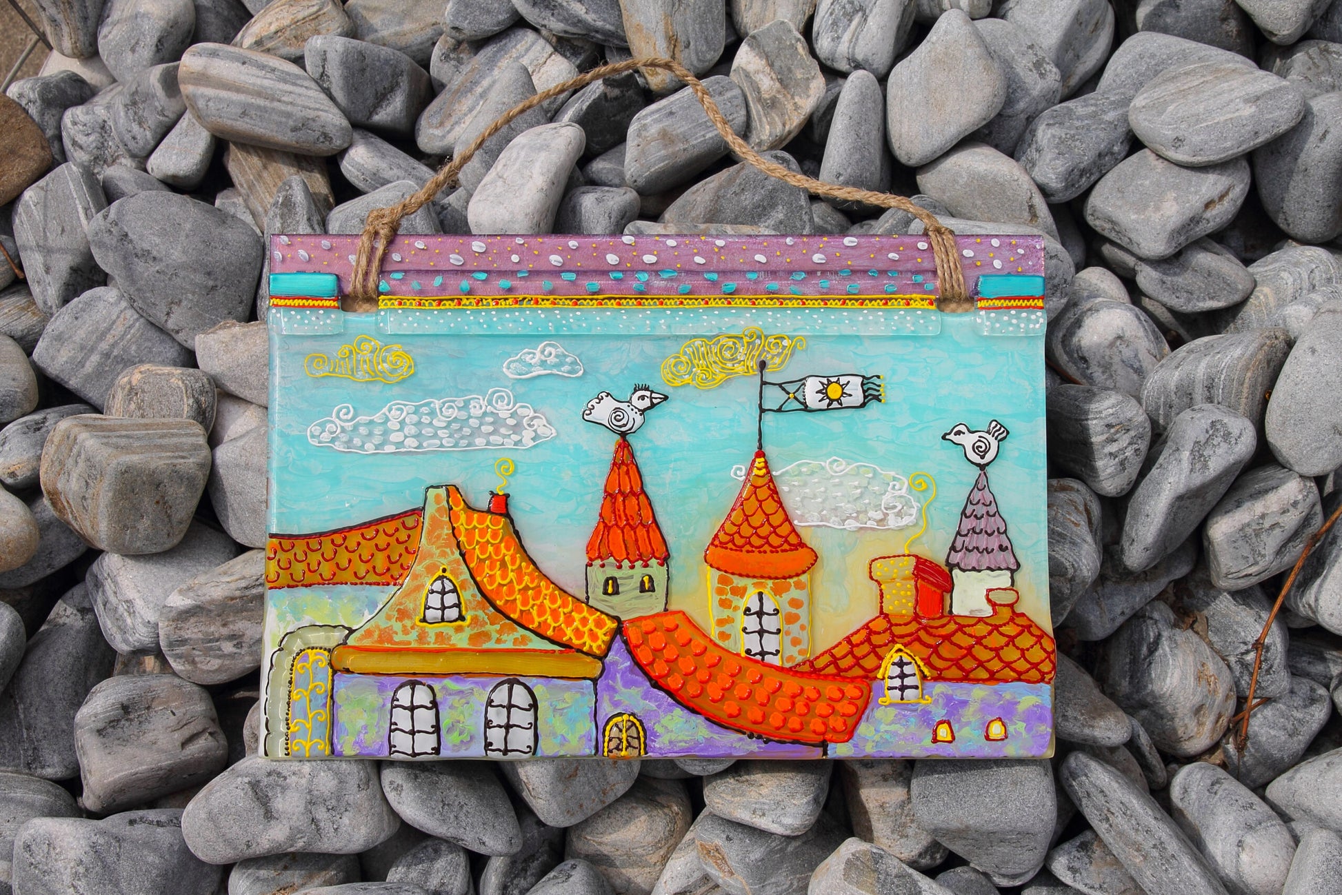 Walk in the Clouds City Roofs Glass Panel Wall Art - Hand-Painted Fused-Glass Panel with Whimsical Weather Vanes, 49 cm