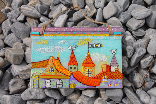 Walk in the Clouds City Roofs Glass Panel Wall Art - Hand-Painted Fused-Glass Panel with Whimsical Weather Vanes, 49 cm