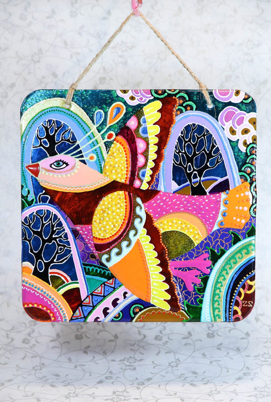 Bird Soul Glass Panel Wall Art - Hand-Painted Fused-Glass Panel with Delicate Details and Captivating Patterns, 26 cm