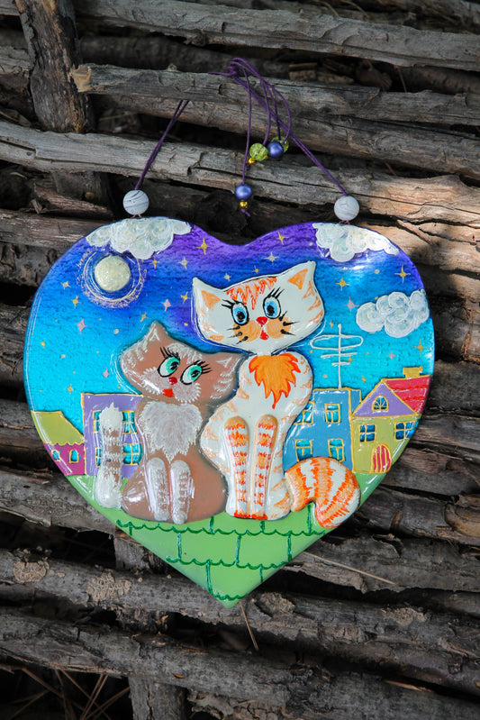 Cats in Love Under the Night Sky Glass Artwork - Hand-Painted Fused-Glass Decor with Charming Cats, Starlit Night, and Enchanting Patterns