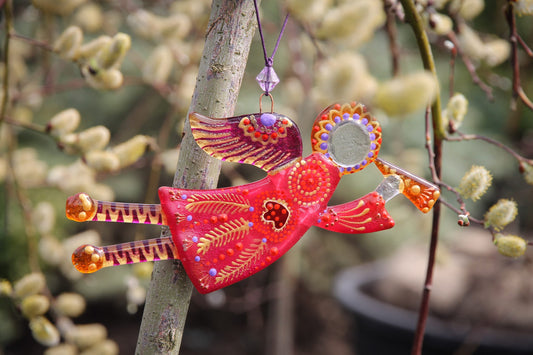 Flying Guardian Angel Glass Wall Art in Red & Purple - Handmade Fused-Glass Decor with Vibrant Colors and Intricate Patterns