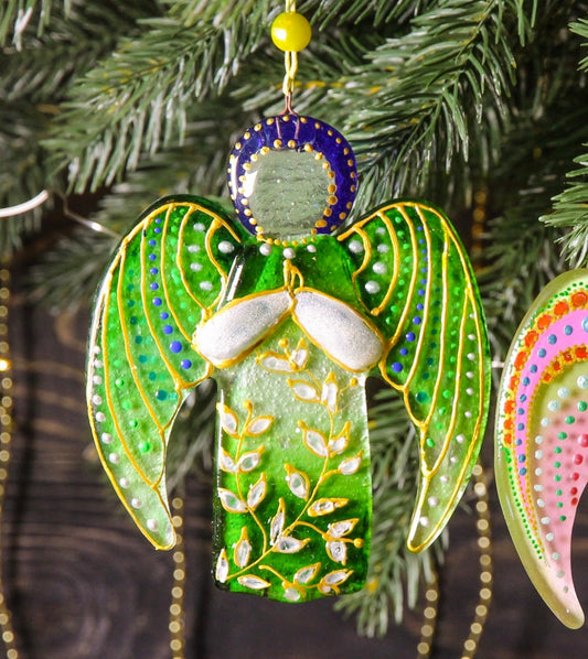 Guardian Angel Glass Wall Art Suncatcher, Clear & Green - Handmade Fused-Glass Decor with Intricate Patterns