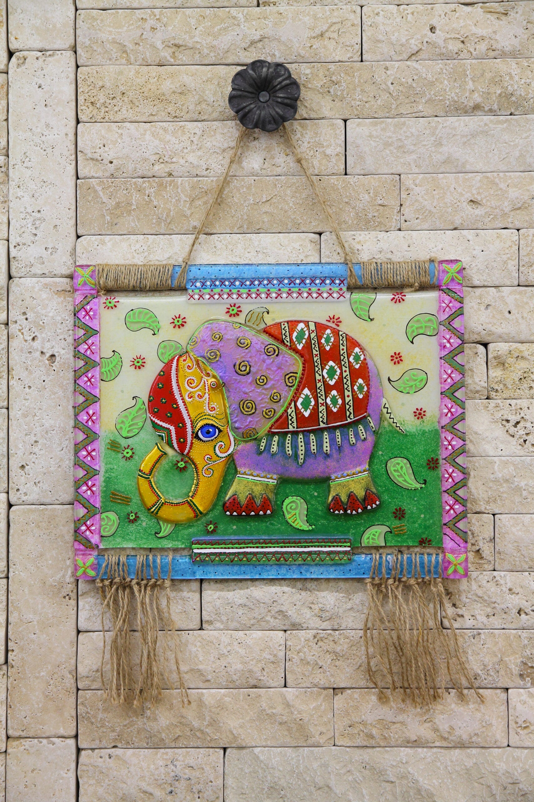 Wise Elephant Glass Panel Wall Art - Hand-Painted Fused-Glass Panel with Regal Essence, 30 cm