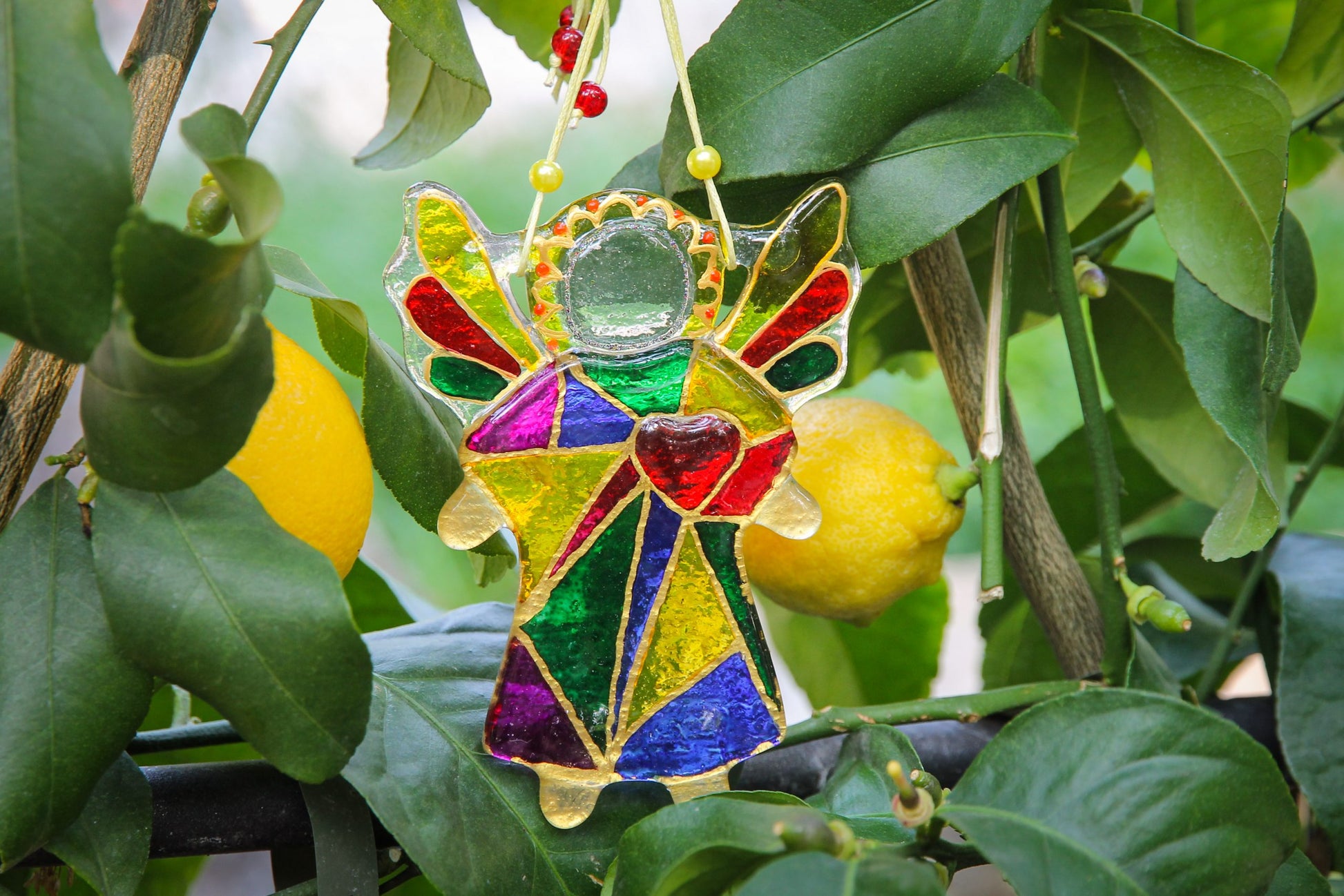 Guardian Angel of Love with Red Heart Glass Wall Art Suncatcher in Multicolored Geometric - Handmade Fused-Glass Decor.