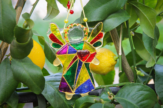 Guardian Angel of Love with Red Heart Glass Wall Art Suncatcher in Multicolored Geometric - Handmade Fused-Glass Decor.