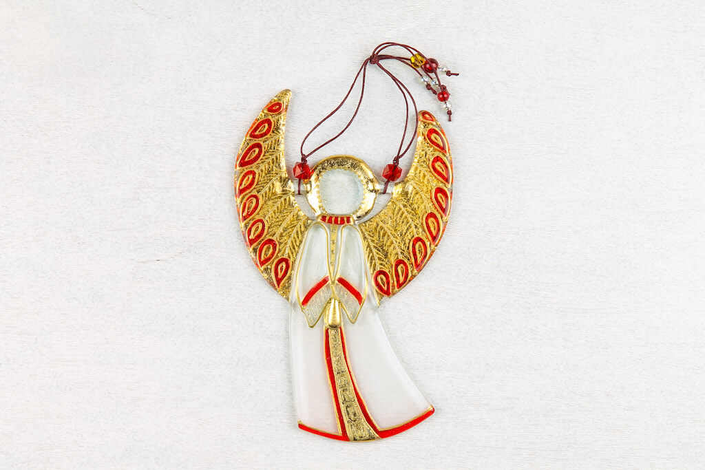 Guardian Angel Glass Wall Art in White & Gold - Handmade Fused-Glass Decor with Vibrant Colors and Intricate Patterns