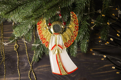 Guardian Angel Glass Wall Art in White & Gold - Handmade Fused-Glass Decor with Vibrant Colors and Intricate Patterns
