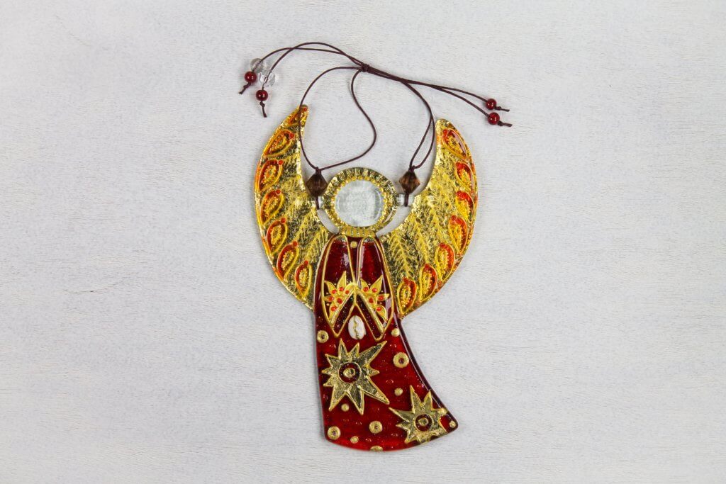 Guardian Angel Glass Wall Art in Red & Gold - Handmade Fused-Glass Decor with Vibrant Colors and Intricate Patterns